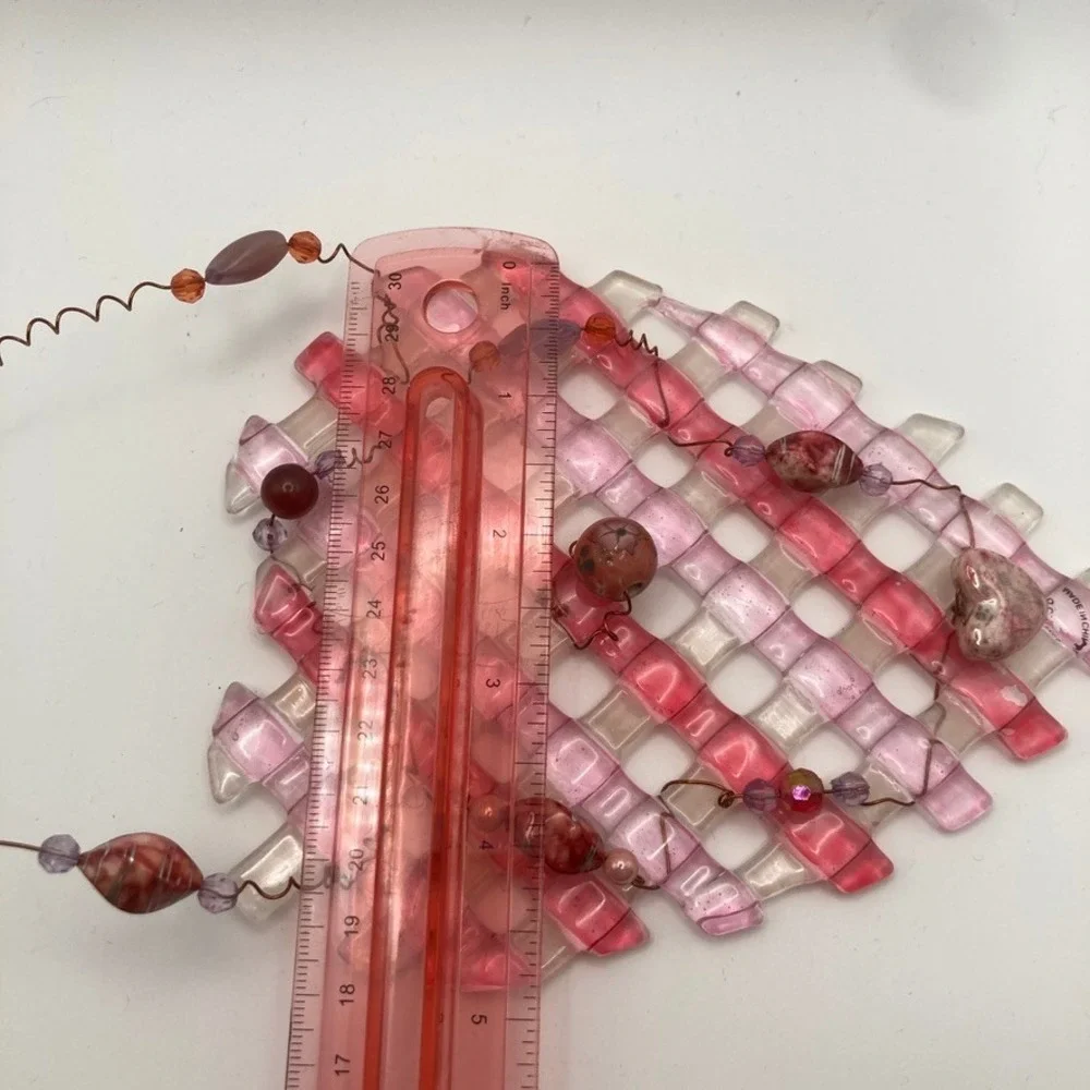 Fused Glass Heart Wall Hanging Red/Pink‎ Beaded with Copper Wire